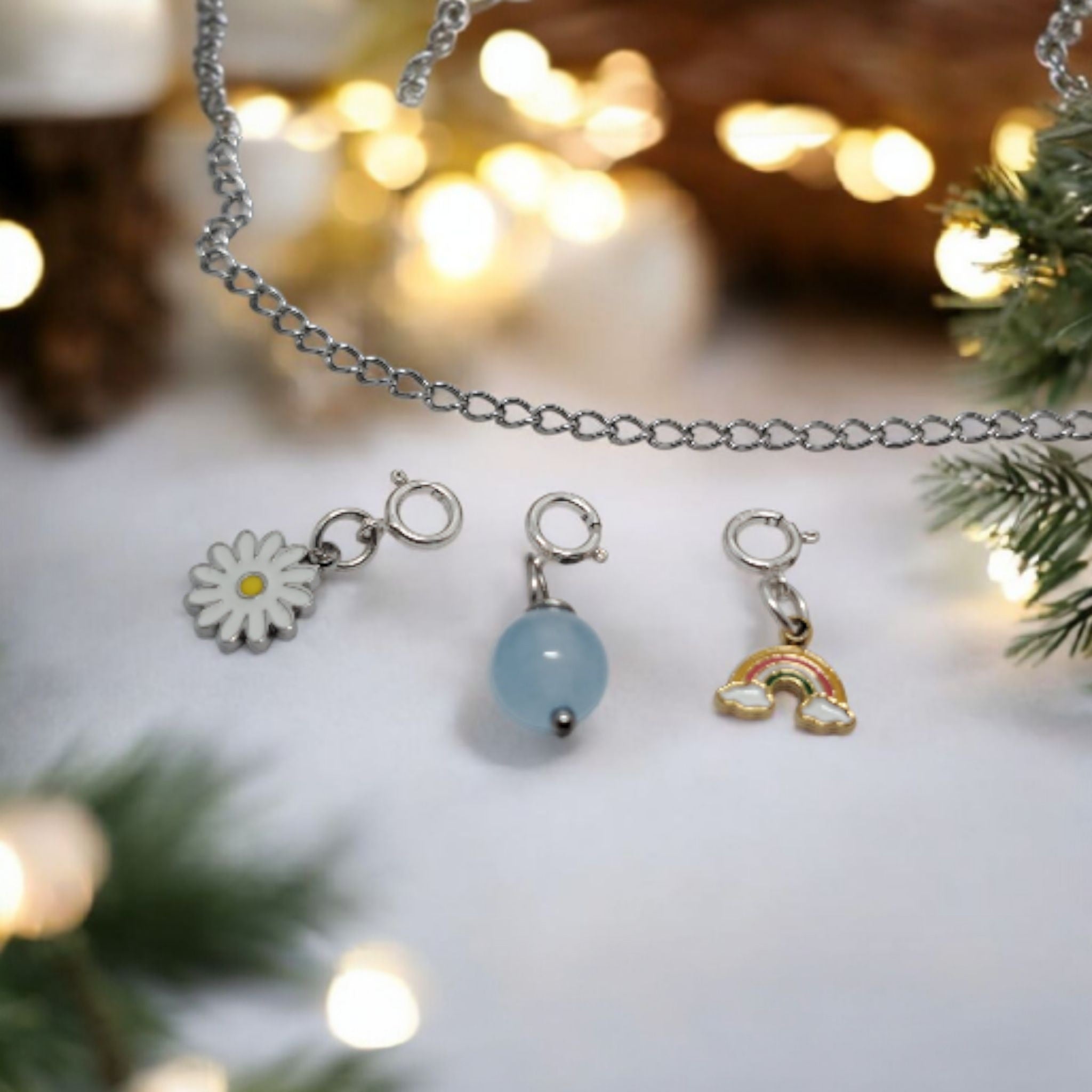 Pack 3 Charms Marguerite, Arc-en-ciel & Calcédoine Bleue | Bracelet Enfant Acier Inoxydable