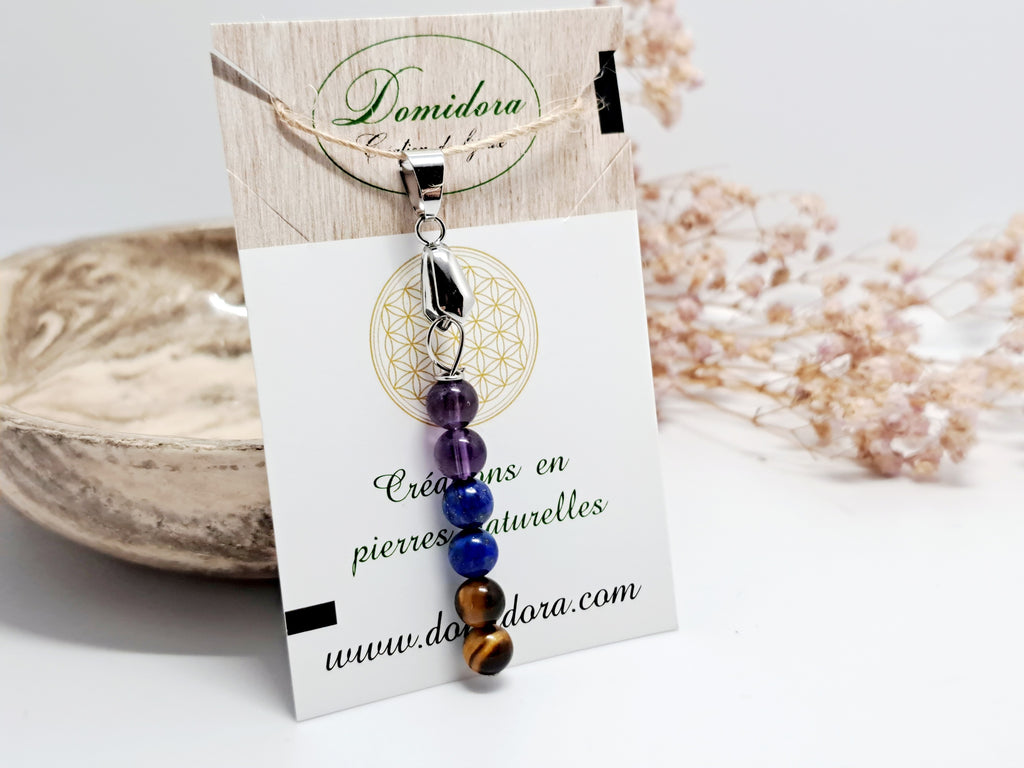 ✨ Pendentif Intention : Protection & Sagesse (Œil de Tigre, Lapis Lazuli, Améthyste) | Acier
