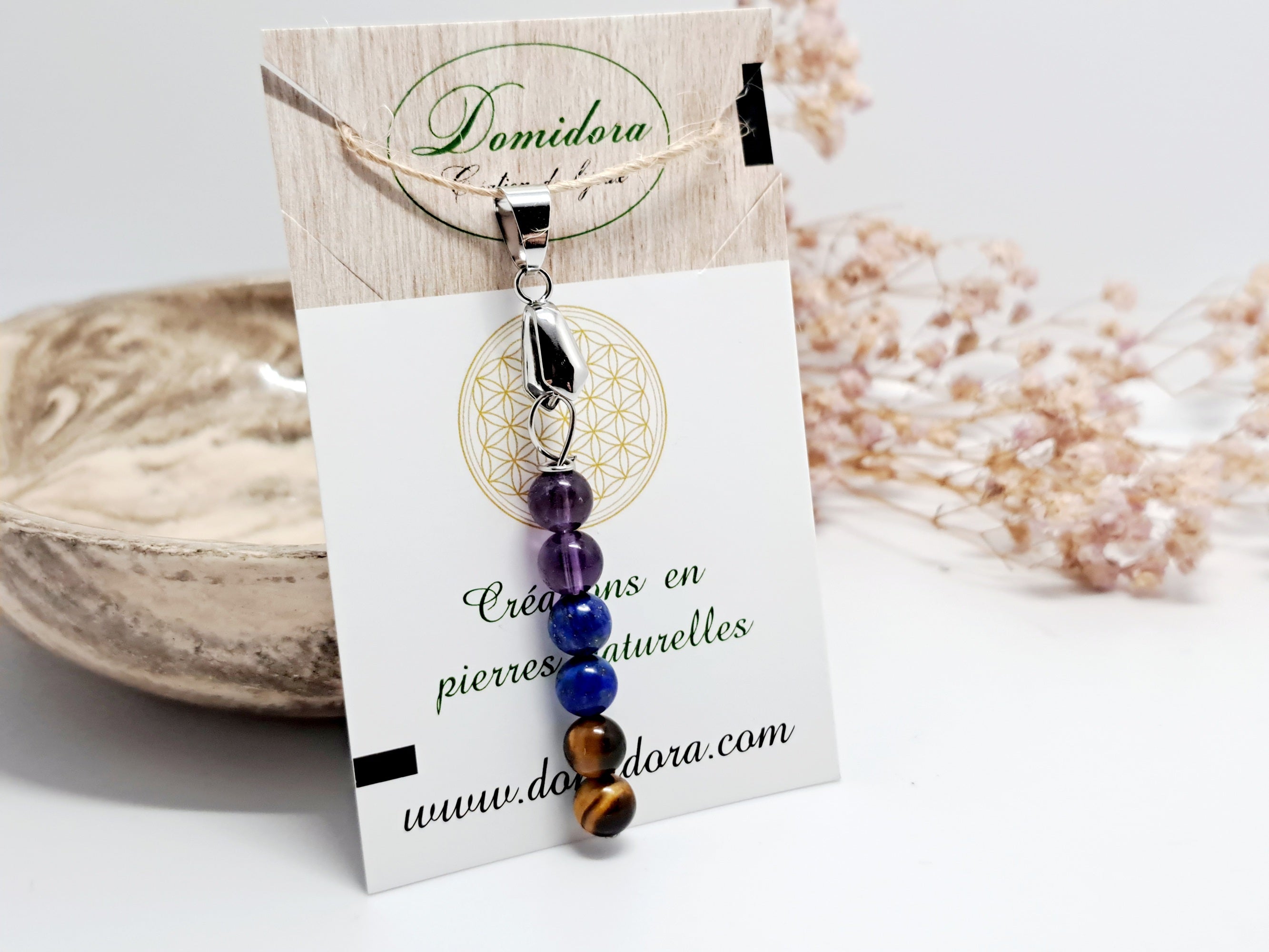 ✨ Pendentif Intention : Protection & Sagesse (Œil de Tigre, Lapis Lazuli, Améthyste) | Acier