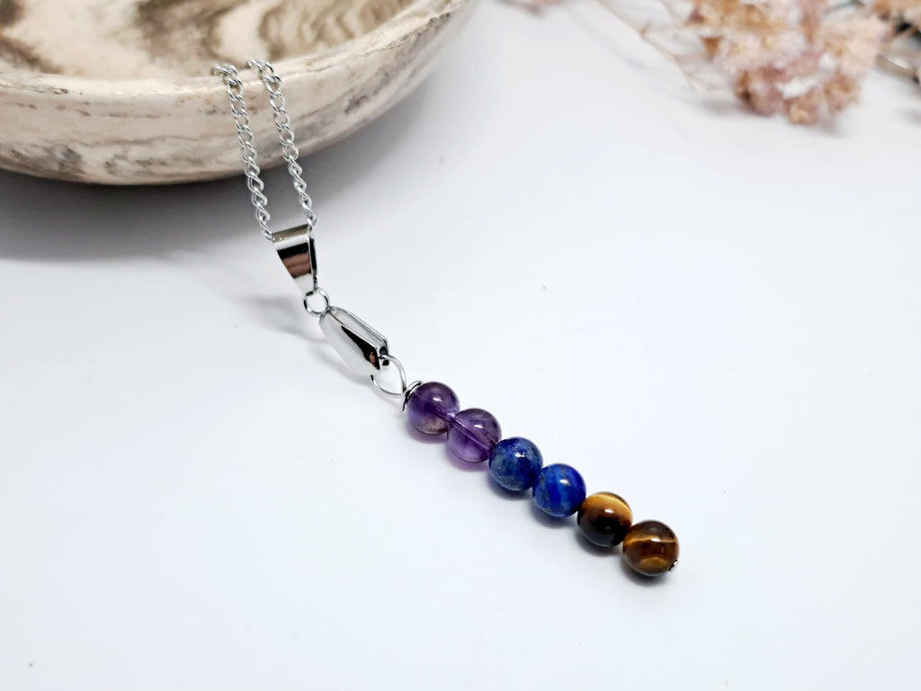 ✨ Pendentif Intention : Protection & Sagesse (Œil de Tigre, Lapis Lazuli, Améthyste) | Acier