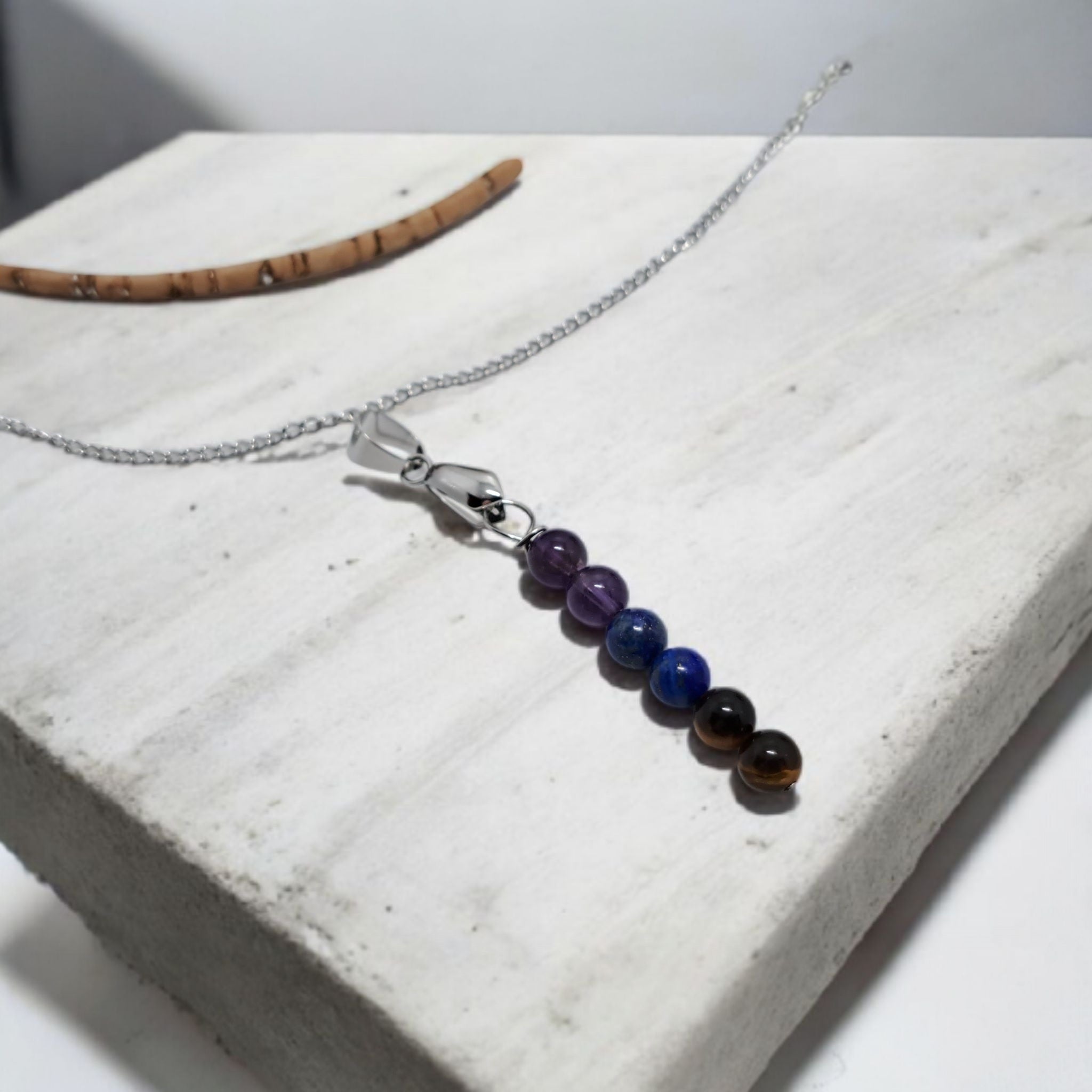 ✨ Pendentif Intention : Protection & Sagesse (Œil de Tigre, Lapis Lazuli, Améthyste) | Acier