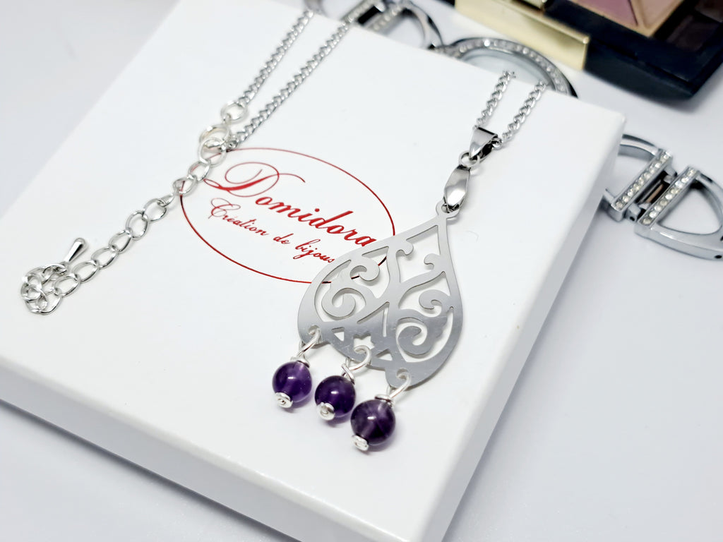 Pendentif Améthyste Et Acier | Bijou d'Intention & Sérénité