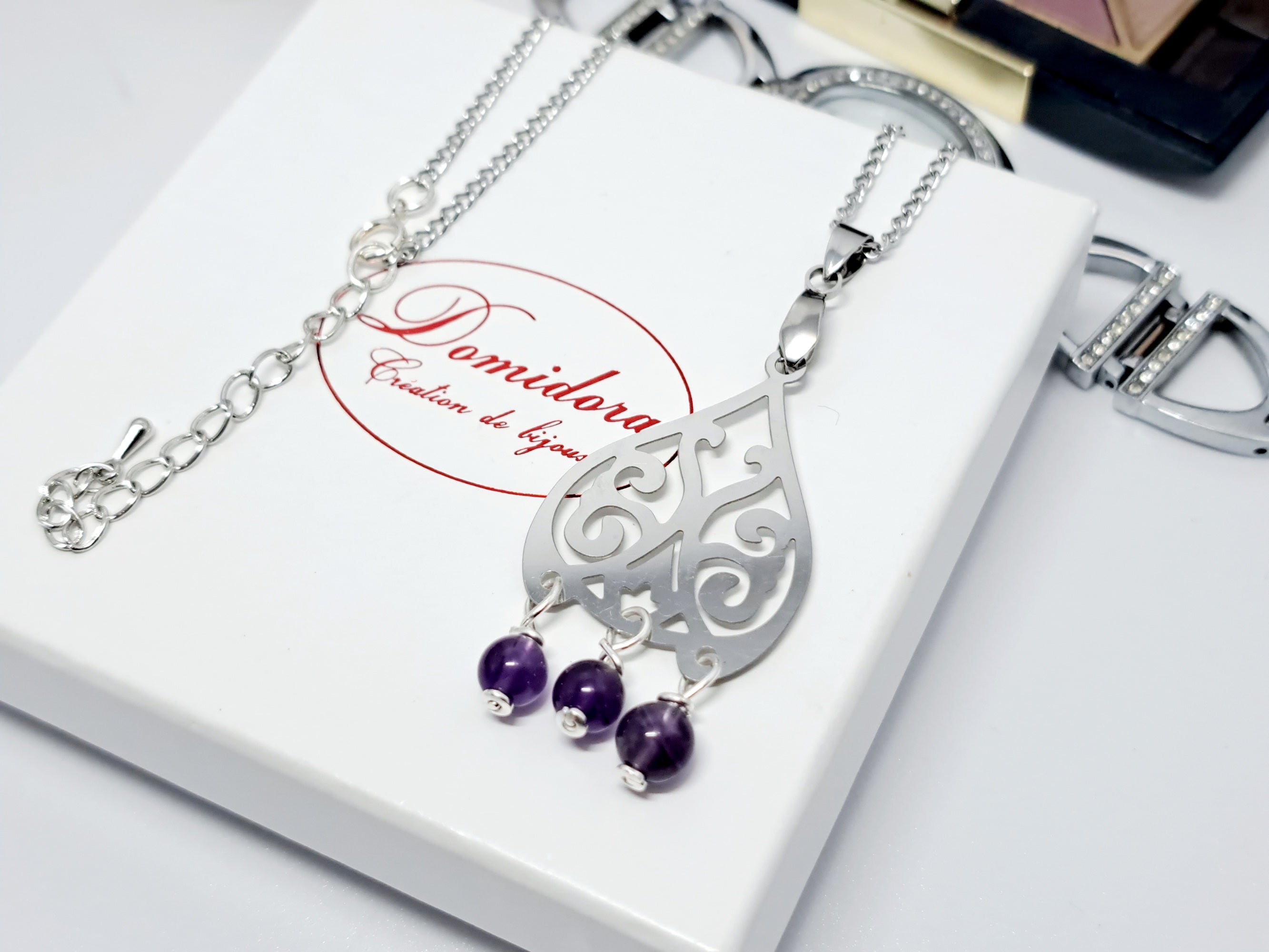 Pendentif Améthyste Et Acier | Bijou d'Intention & Sérénité