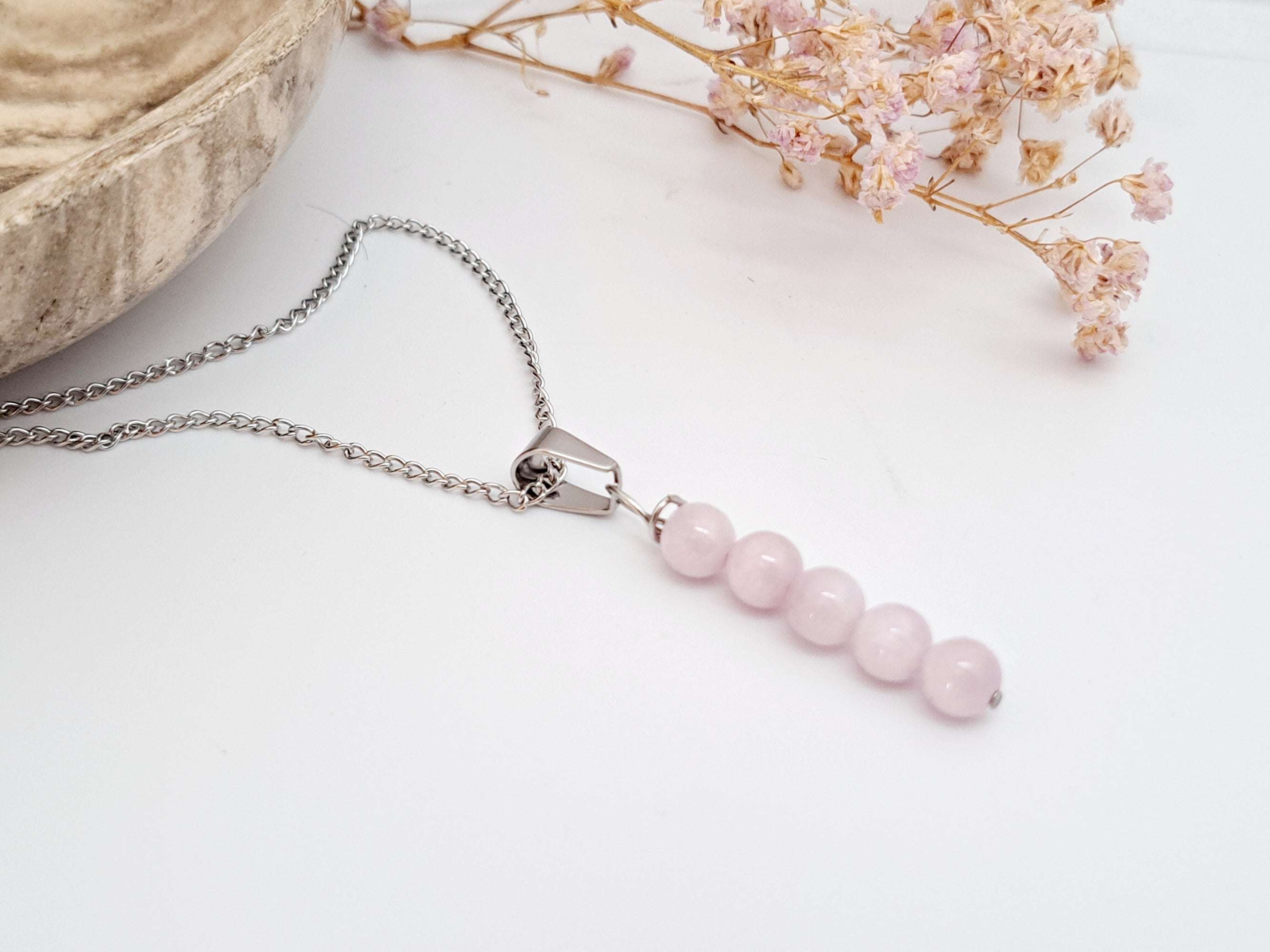🎁 Collier Kunzite Naturelle - Cadeau Noël Femme Vegan Personnalisable