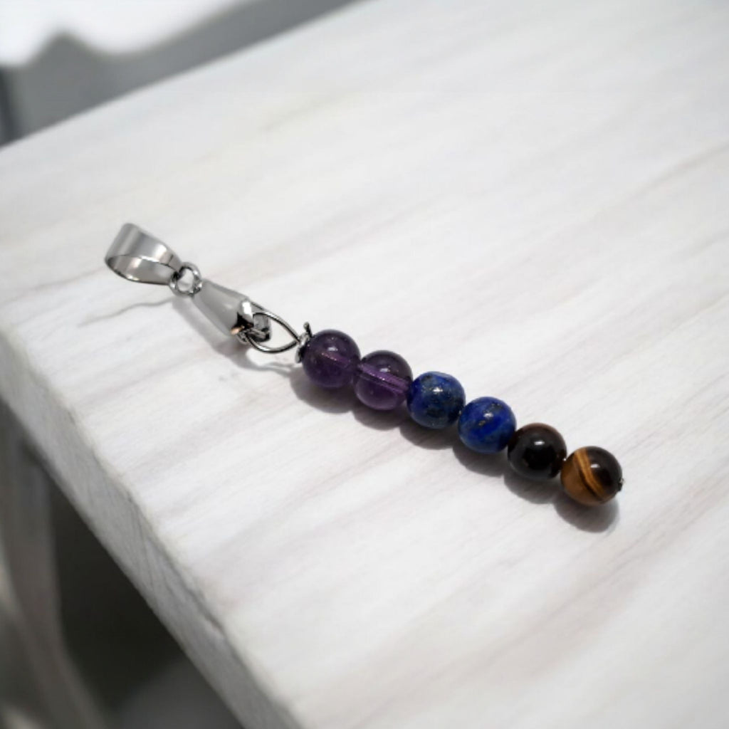 ✨ Pendentif Intention : Protection & Sagesse (Œil de Tigre, Lapis Lazuli, Améthyste) | Acier