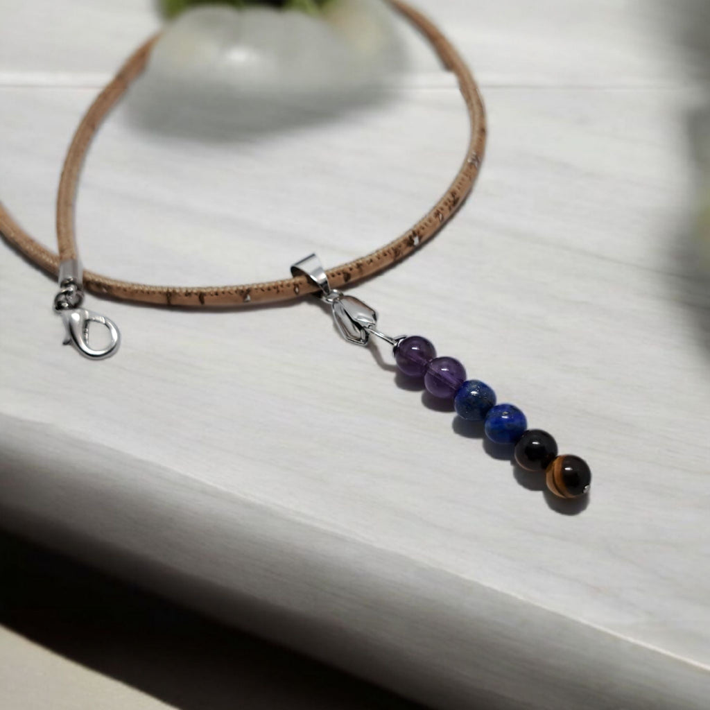 ✨ Pendentif Intention : Protection & Sagesse (Œil de Tigre, Lapis Lazuli, Améthyste) | Acier