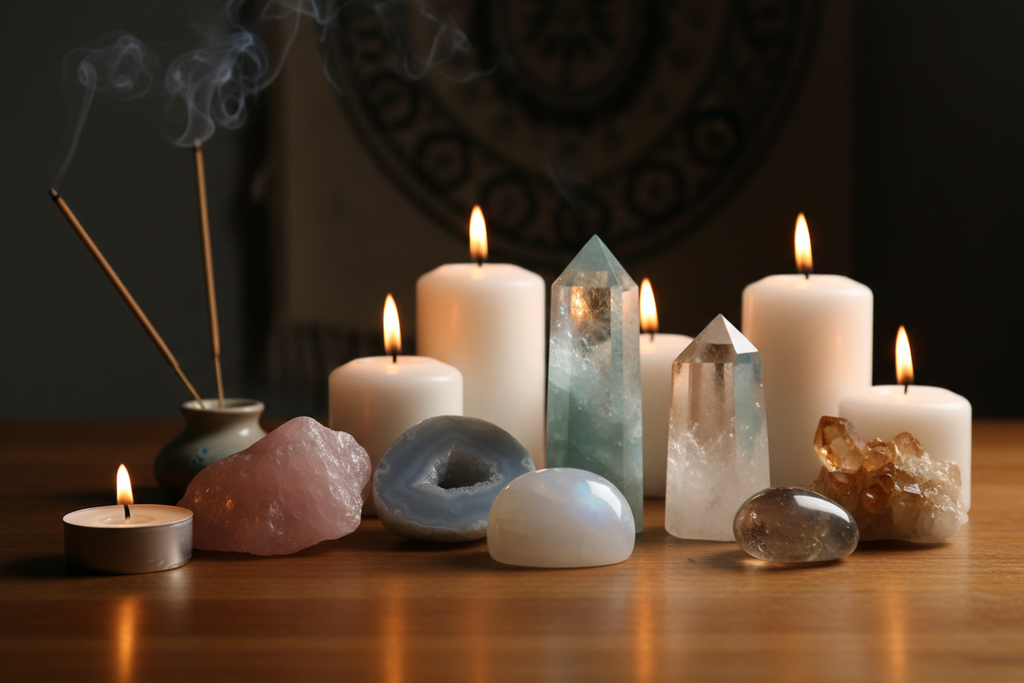 pierre de lune, quartz rose, calcedoine, aigue marine, cristal de roche, quartz fumé, citrine sur une table de médium avec bougies, encens, ambiance esoterique