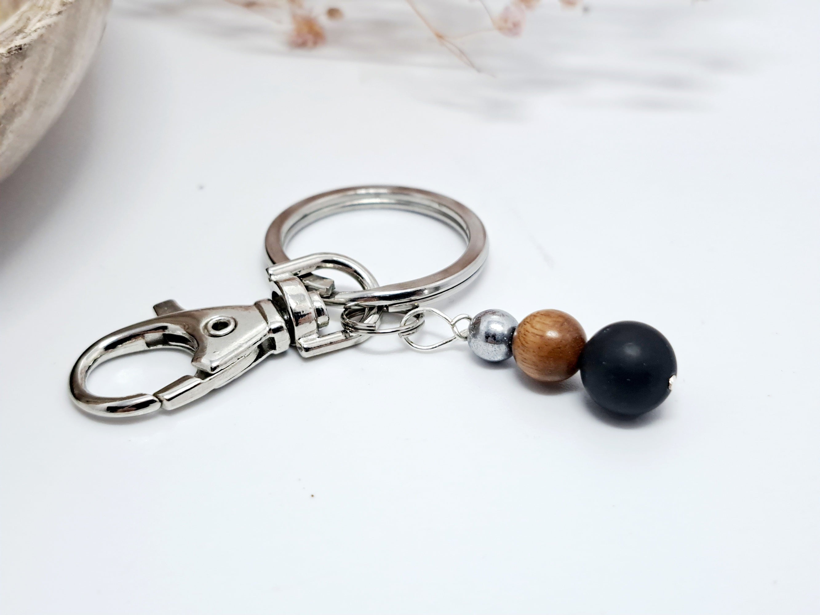 ⭐ Cadeau Noël Homme de Luxe : Coffret Bracelet Onyx & Bois de Santal + Porte-Clé Acier Inoxydable